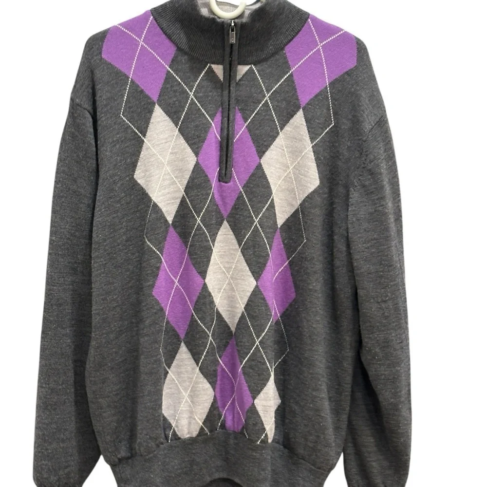 FootJoy Argyle Golf Sweater Men Large Purple Gray Knit 1/4 Zip Pullover